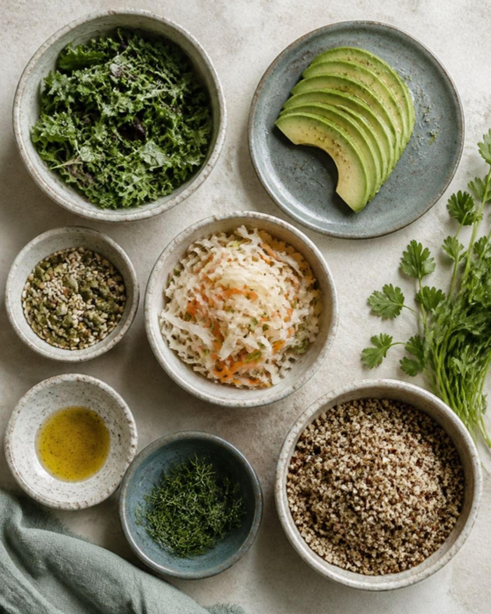 Alimentos naturales en cuencos de cerámica: hojas verdes, aguacate, fermentados, semillas y aceite de oliva