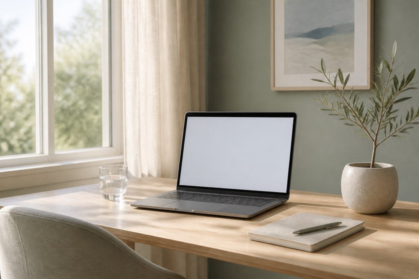 Escritorio luminoso junto a una ventana con una laptop, una libreta y una planta de olivo