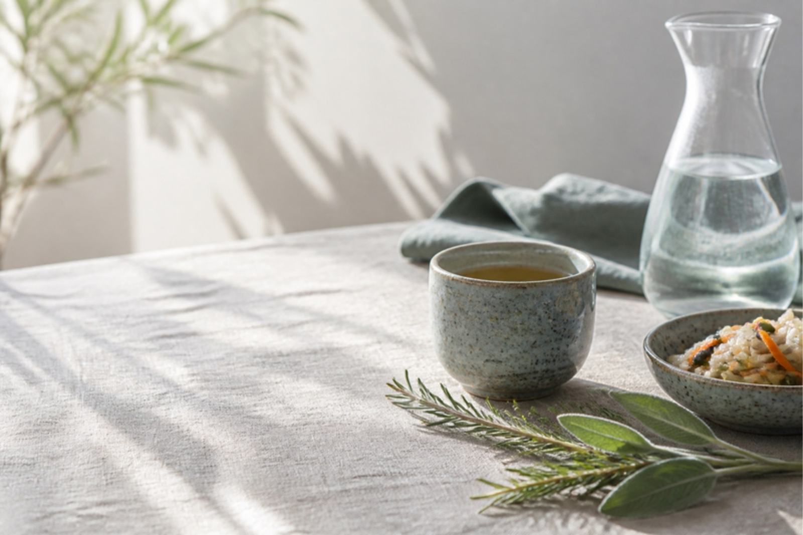 Mesa de lino con una taza de té de hierbas, salvia, romero y una jarra de agua a la luz de la mañana